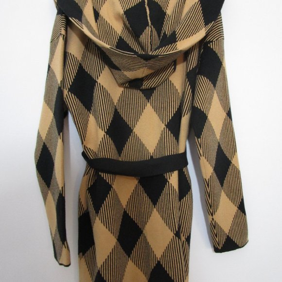 NWT Hooded Wrap Cardigan Sweater Diamond Plaid Check Camel Black - Picture 10 of 11